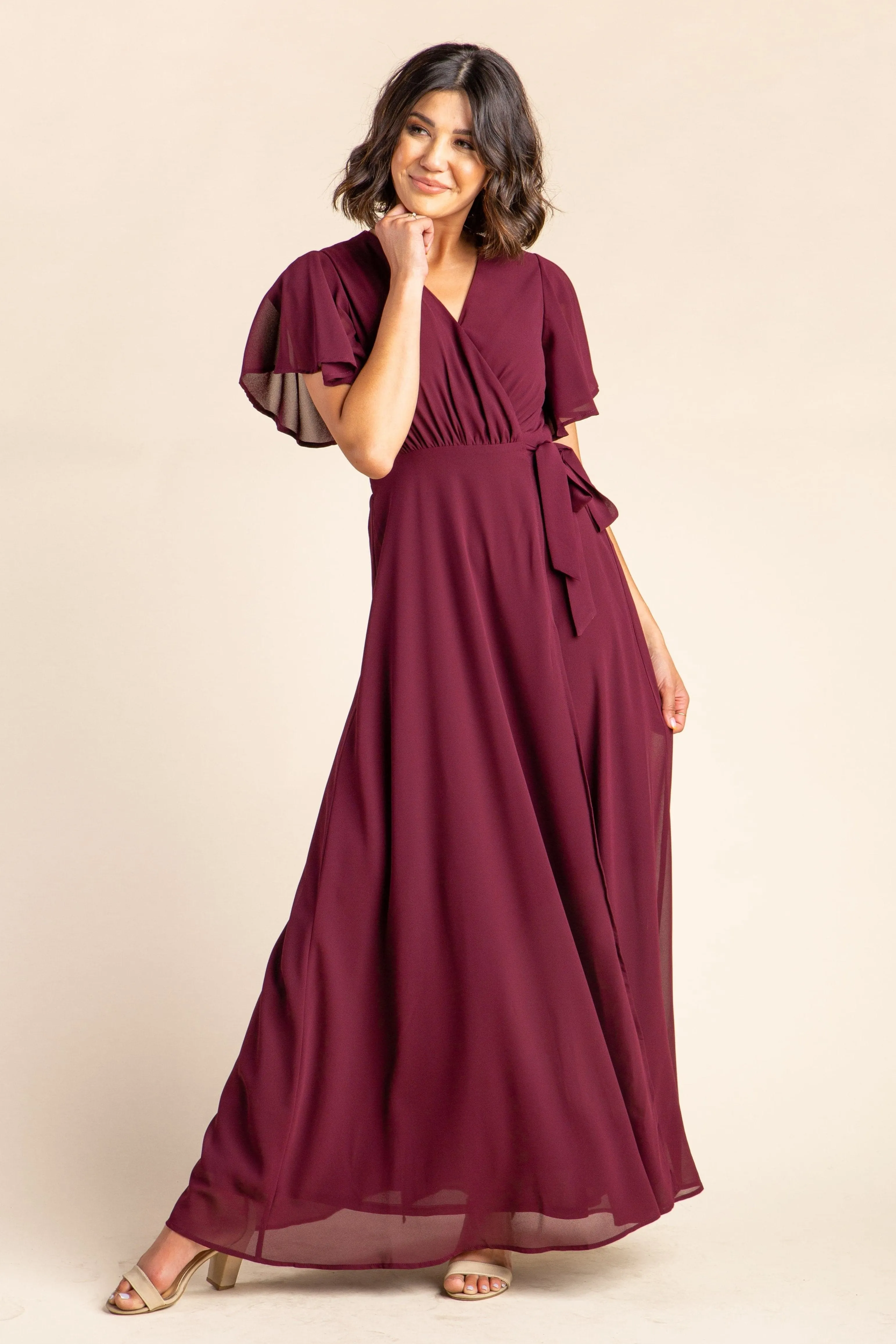 Naples Flutter Sleeve Wrap Maxi - Burgundy