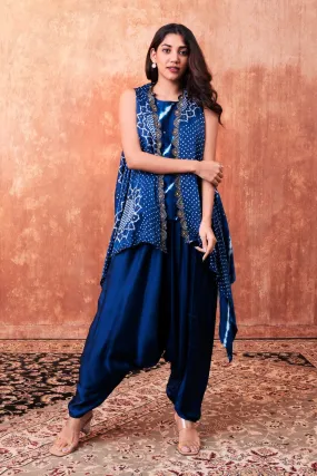 Navy Blue Printed Embellished Cape Set