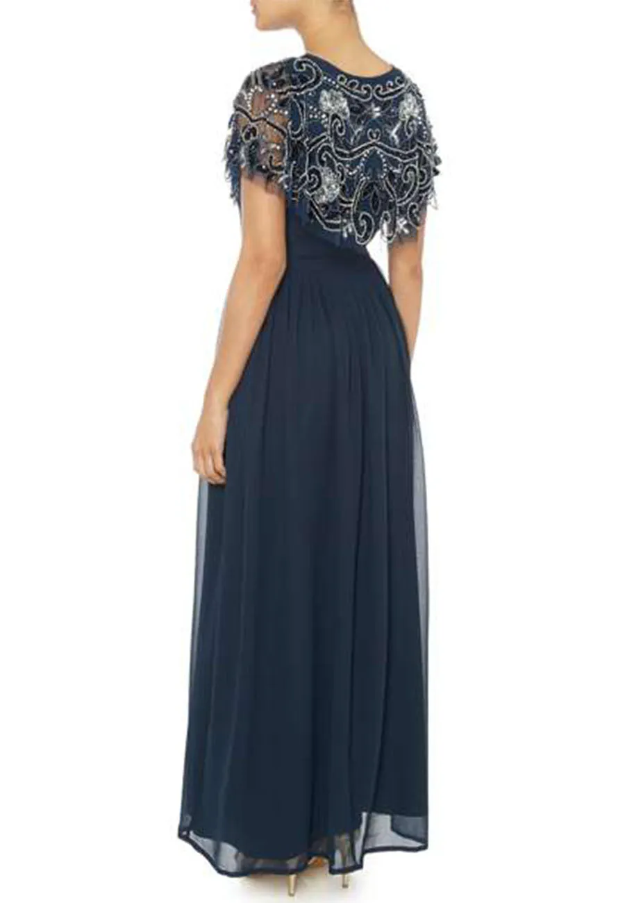 Navy Cape Sequins Gown