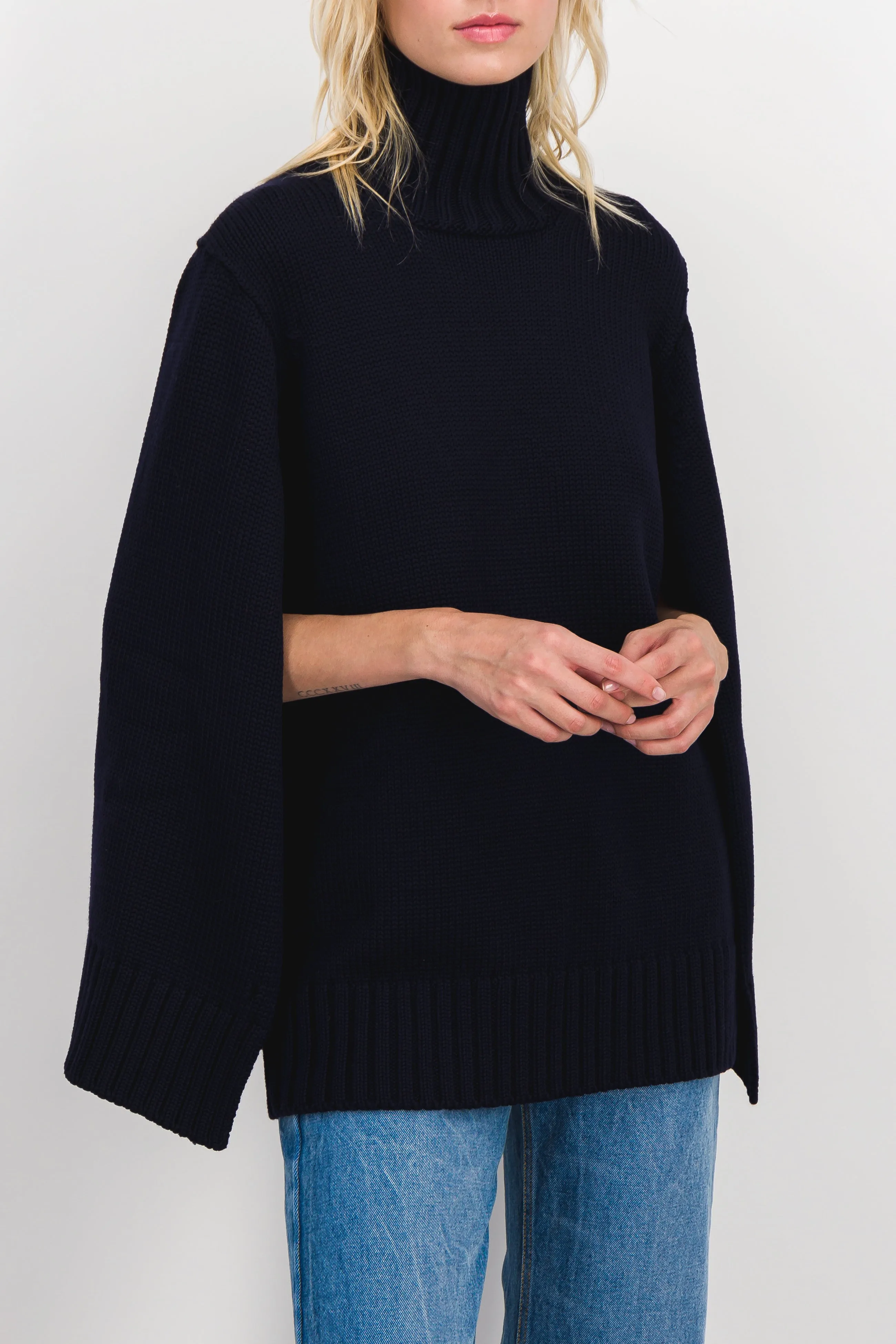 Navy oversized turtleneck merino cape sweater