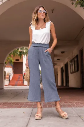 Navy Smocked Waist Side Slit Cropped Straight Leg Pant