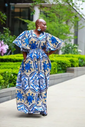 New In - African Maxi Dress in Blue Ankara Wax Print