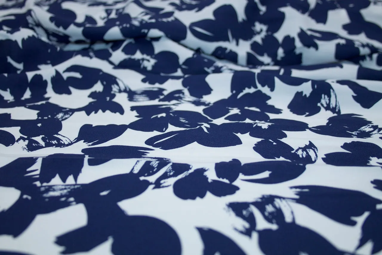 NY Designer Abstract Floral Stretch Crepe - Navy/White