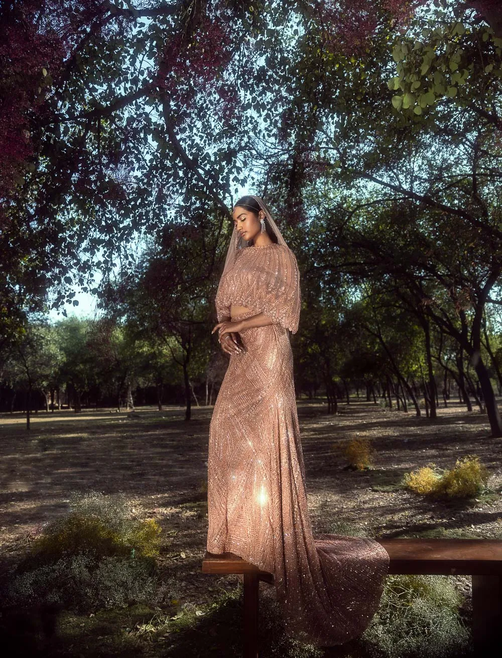 Peach Skirt With Cape, Butsier And Veil