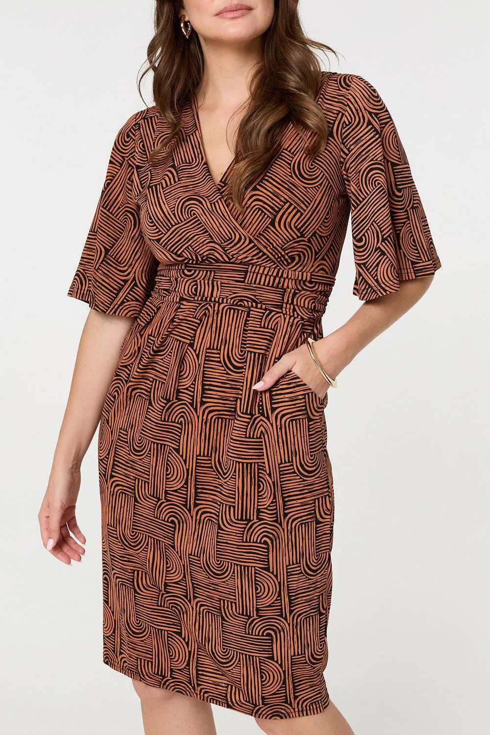 Printed Ruched Faux Wrap Knee Length Dress