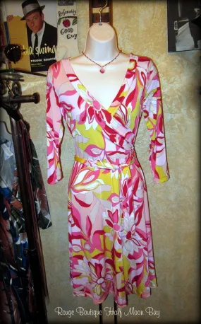 Red and pink floral wrap dress