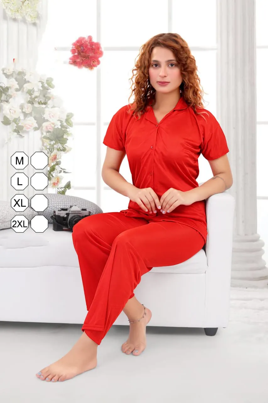 Red satin night suits Combo Set for women