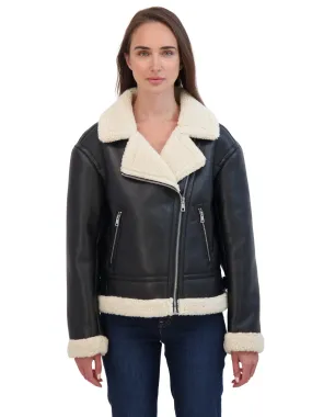 Sebby Collection Women's Moto Zip Front Faux Leather  Shearling Jacket