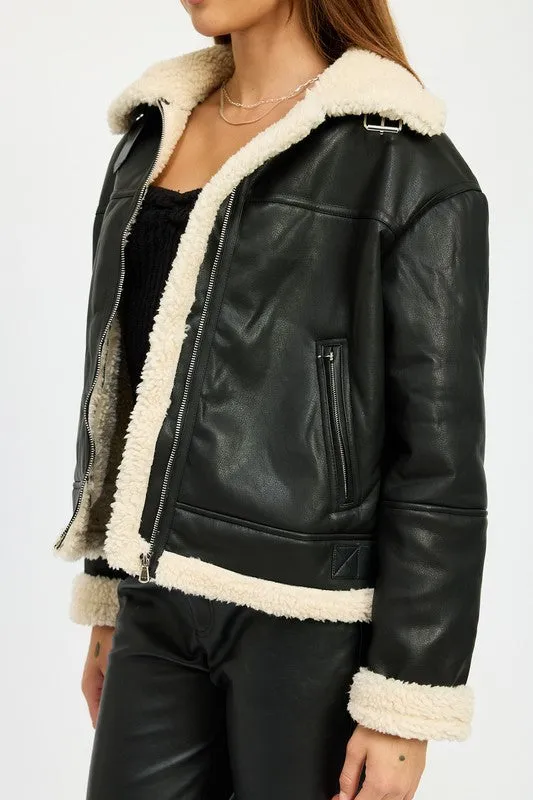 Shearling Vegan Leather Moto Jacket