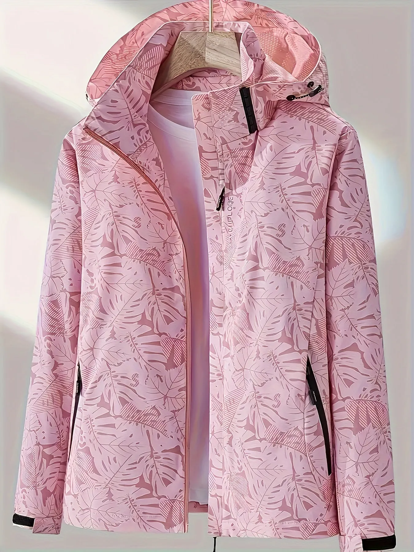 Stylish Leaf Print Windbreaker Jacket - Waterproof, Breathable, and Packable - Women's Outdoor Rain Jacket with Removable Hood and Adjustable Cuffs for Hiking, Camping, and Travel