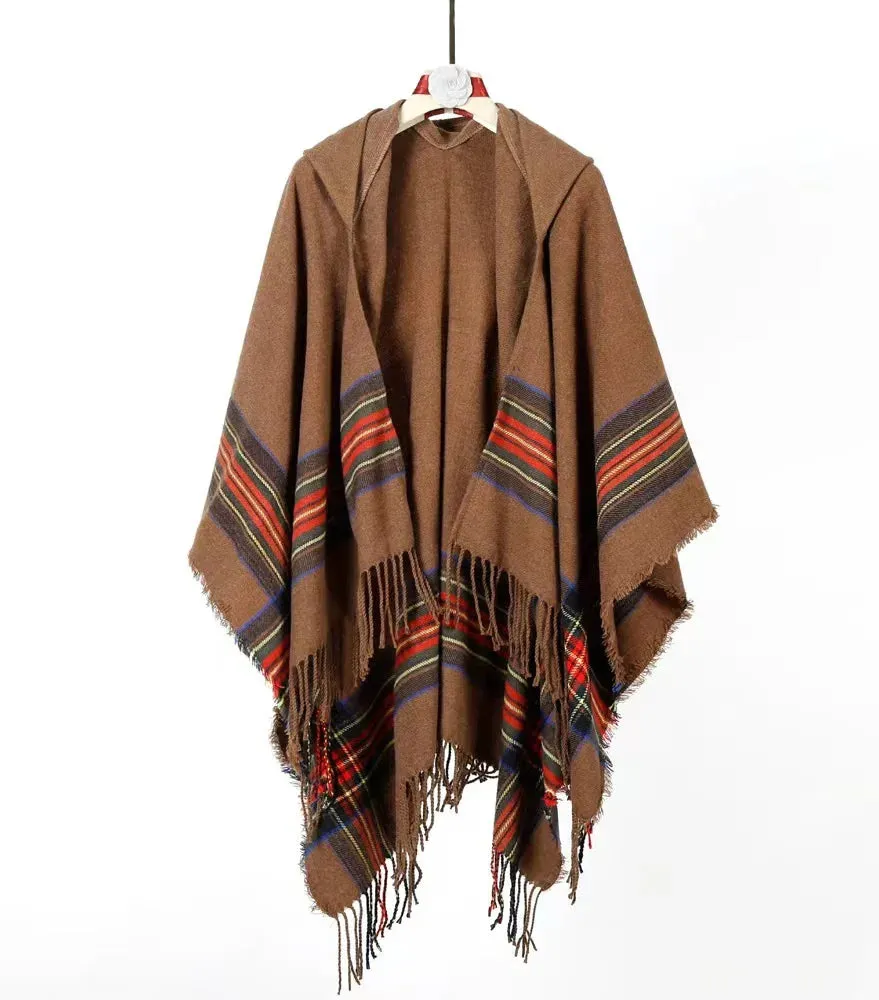 Wiaofellas  -  Autumn New Women Cape Coat Cashmere Fringe Poncho Oblique Stripe Vintage Cloak Coat Bohemian Shawl Hooded Shawl Man Streetwear