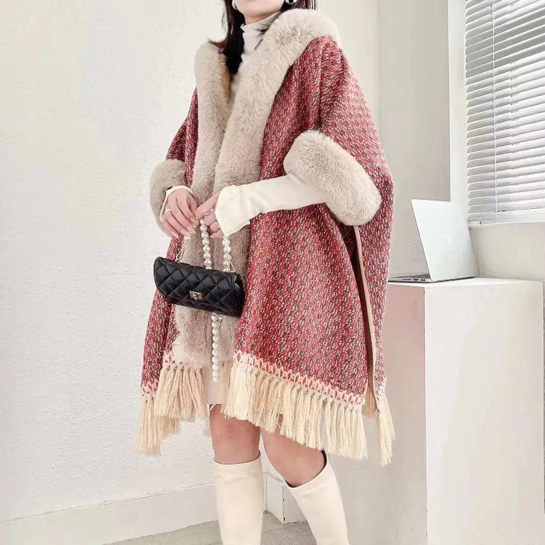 Winter Poncho Shawl Cloak Faux Fur Collar  Loose Cape  Streetwear Coats