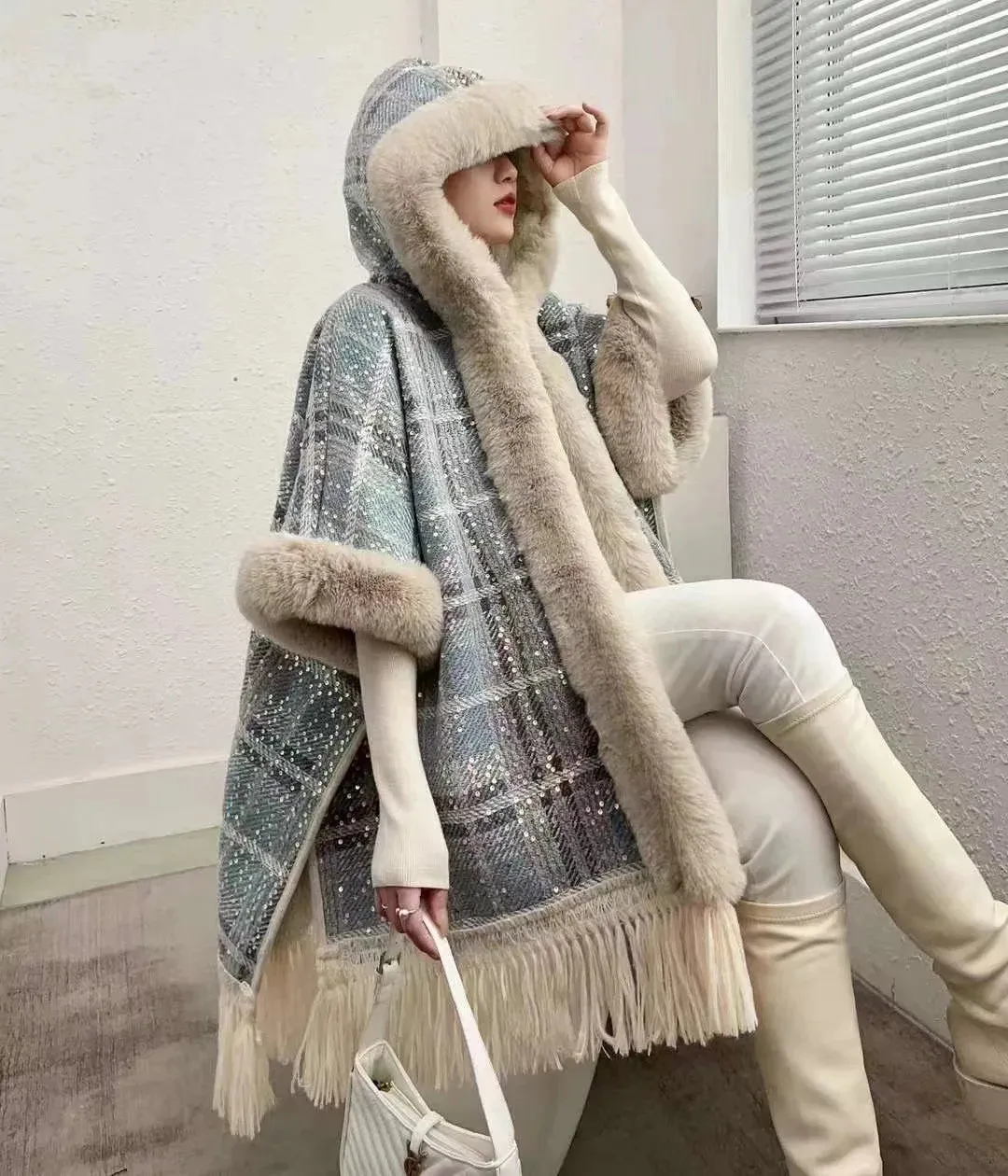 Winter Poncho Shawl Cloak Faux Fur Collar  Loose Cape  Streetwear Coats