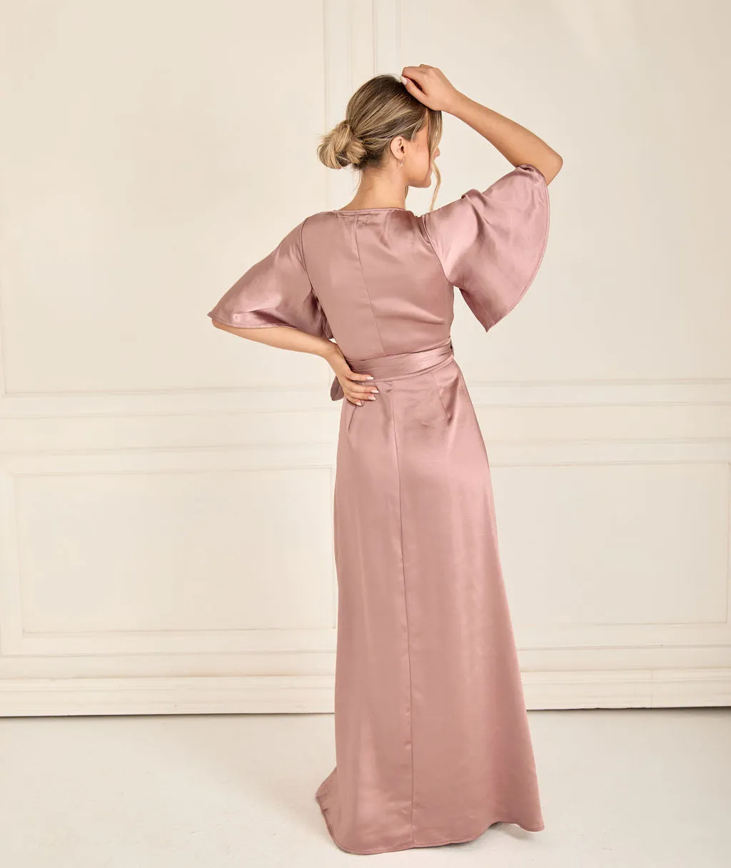 Wrap Tie Satin Bridesmaid Dress - Rose